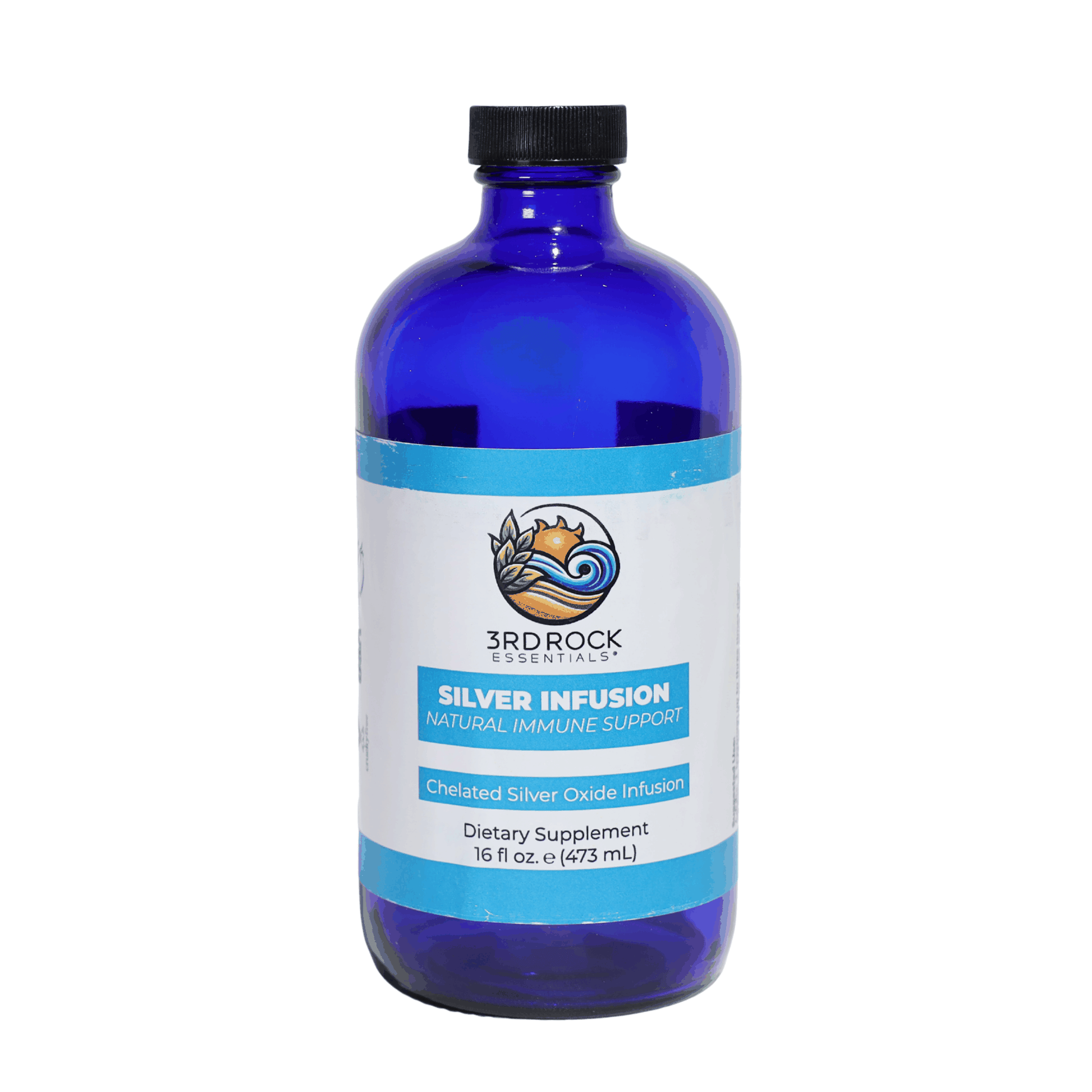 Chelated silver infusion supplement bottle, blue glass with black cap