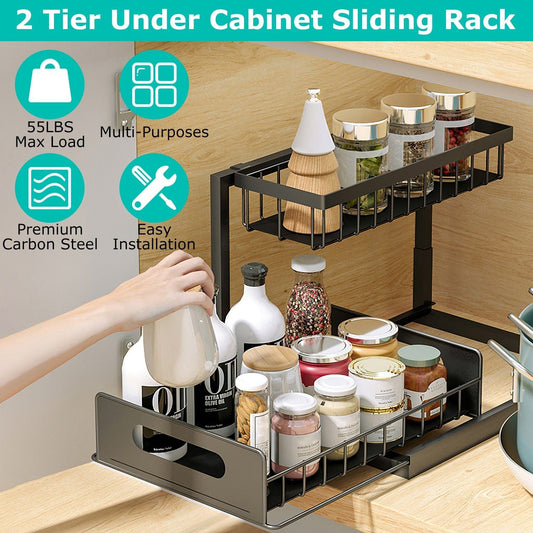2 Tier Under Sink Organizers Pull Out Under Cabinet Basket Storage Shelf Sliding Drawer for Kitchen Bathroom - Renee Lane Company