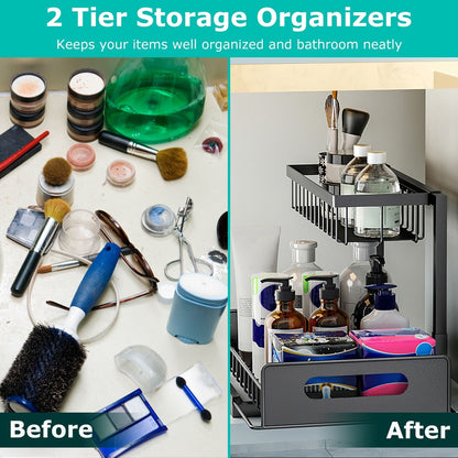 2 Tier Under Sink Organizers Pull Out Under Cabinet Basket Storage Shelf Sliding Drawer for Kitchen Bathroom - Renee Lane Company