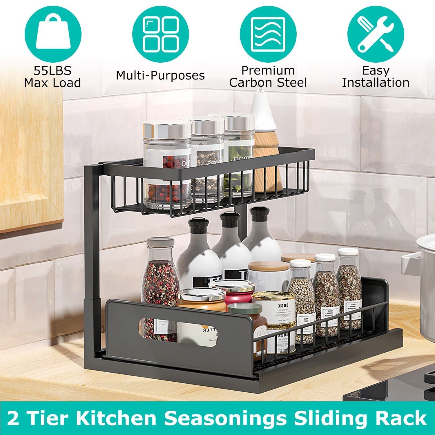 2 Tier Under Sink Organizers Pull Out Under Cabinet Basket Storage Shelf Sliding Drawer for Kitchen Bathroom - Renee Lane Company