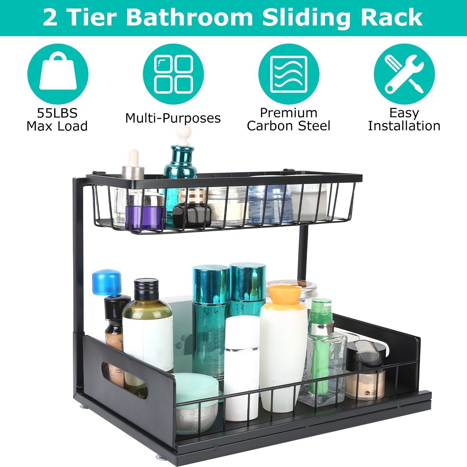 2 Tier Under Sink Organizers Pull Out Under Cabinet Basket Storage Shelf Sliding Drawer for Kitchen Bathroom - Renee Lane Company