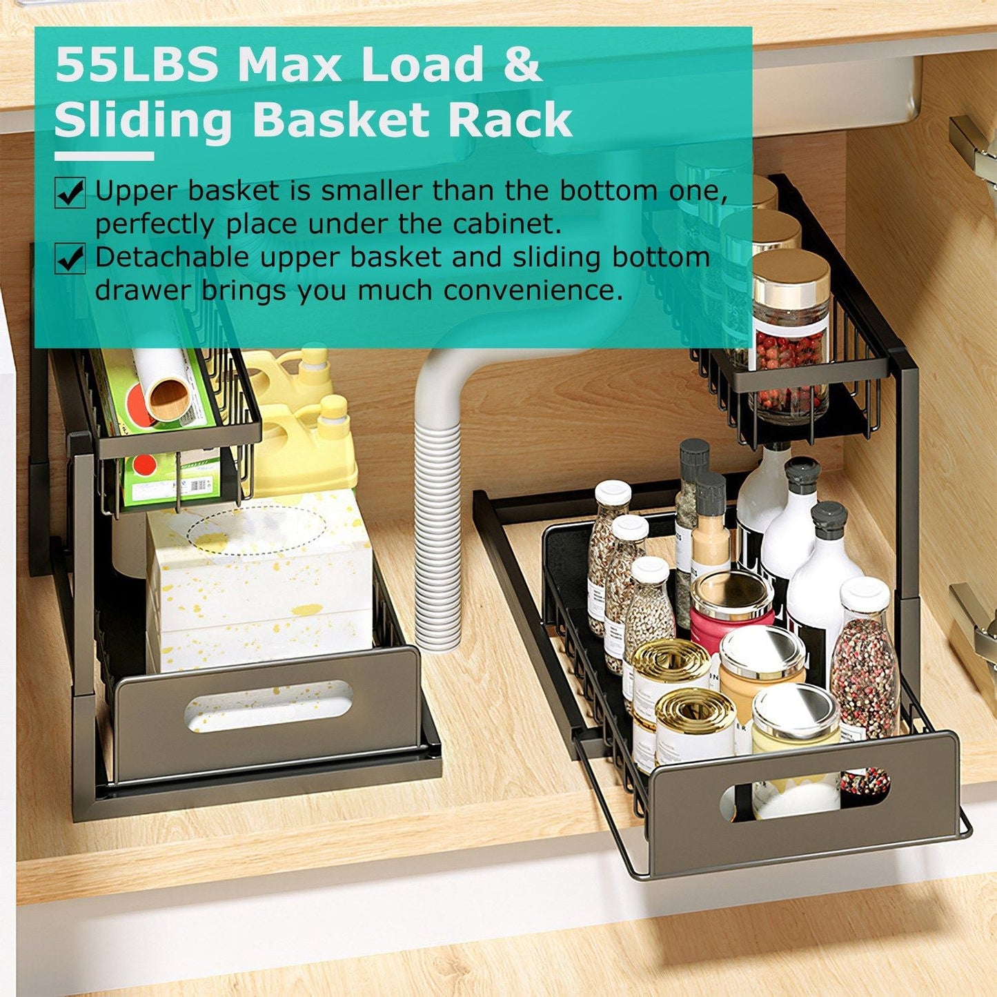 2 Tier Under Sink Organizers Pull Out Under Cabinet Basket Storage Shelf Sliding Drawer for Kitchen Bathroom - Renee Lane Company