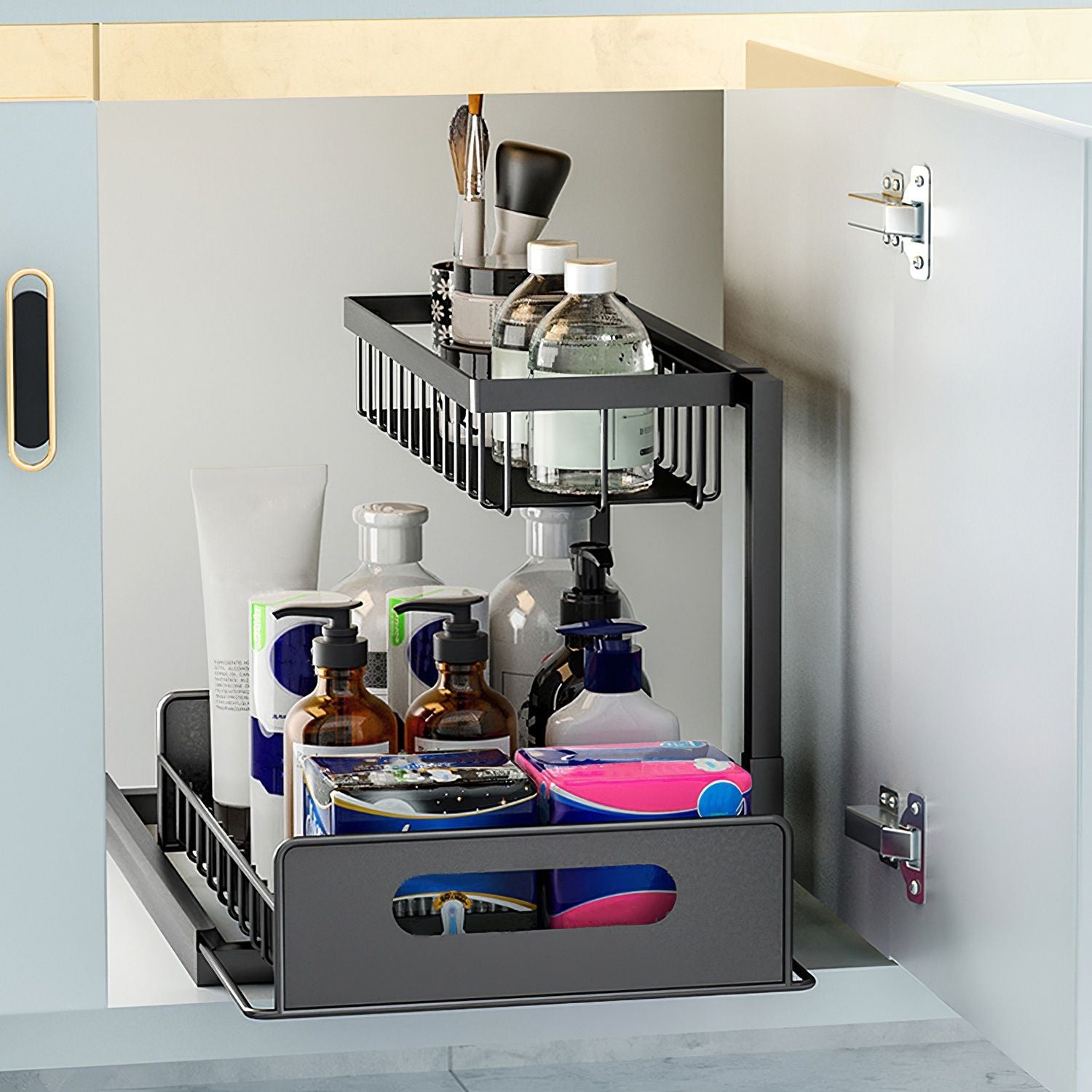 2 Tier Under Sink Organizers Pull Out Under Cabinet Basket Storage Shelf Sliding Drawer for Kitchen Bathroom - Renee Lane Company