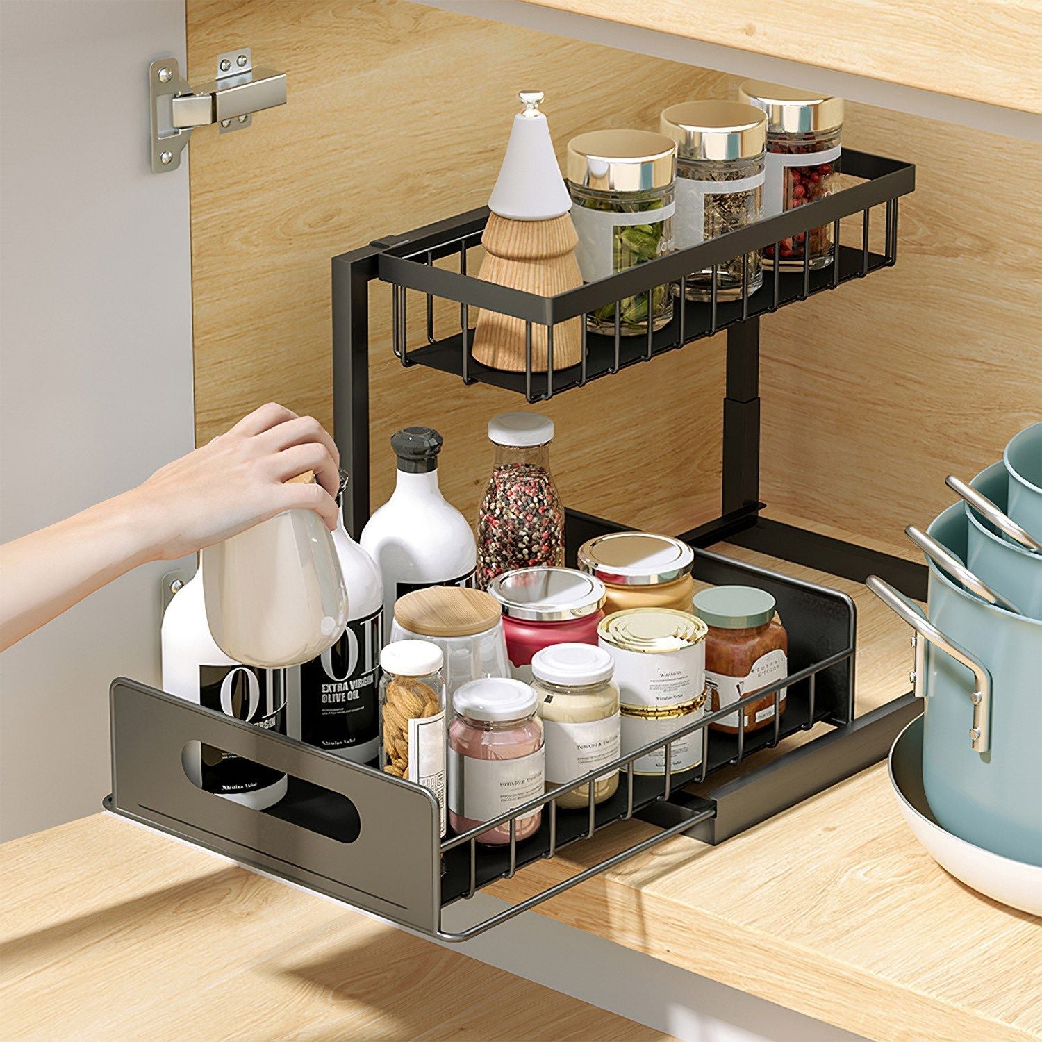 2 Tier Under Sink Organizers Pull Out Under Cabinet Basket Storage Shelf Sliding Drawer for Kitchen Bathroom - Renee Lane Company