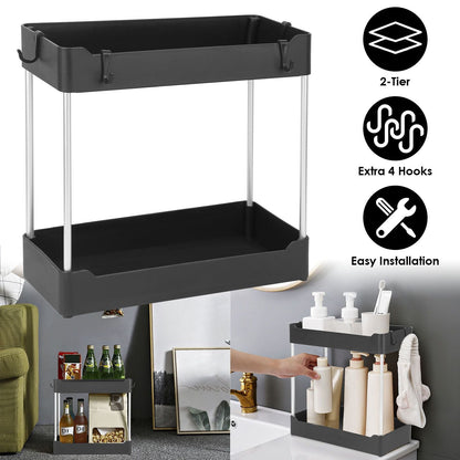2-Tier Under Sink Shelf Organizer Space Saving Under Bathroom Sink Storage Rack w/ 4 Hooks - Renee Lane Company