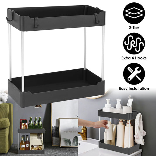 2-Tier Under Sink Shelf Organizer Space Saving Under Bathroom Sink Storage Rack w/ 4 Hooks - Renee Lane Company