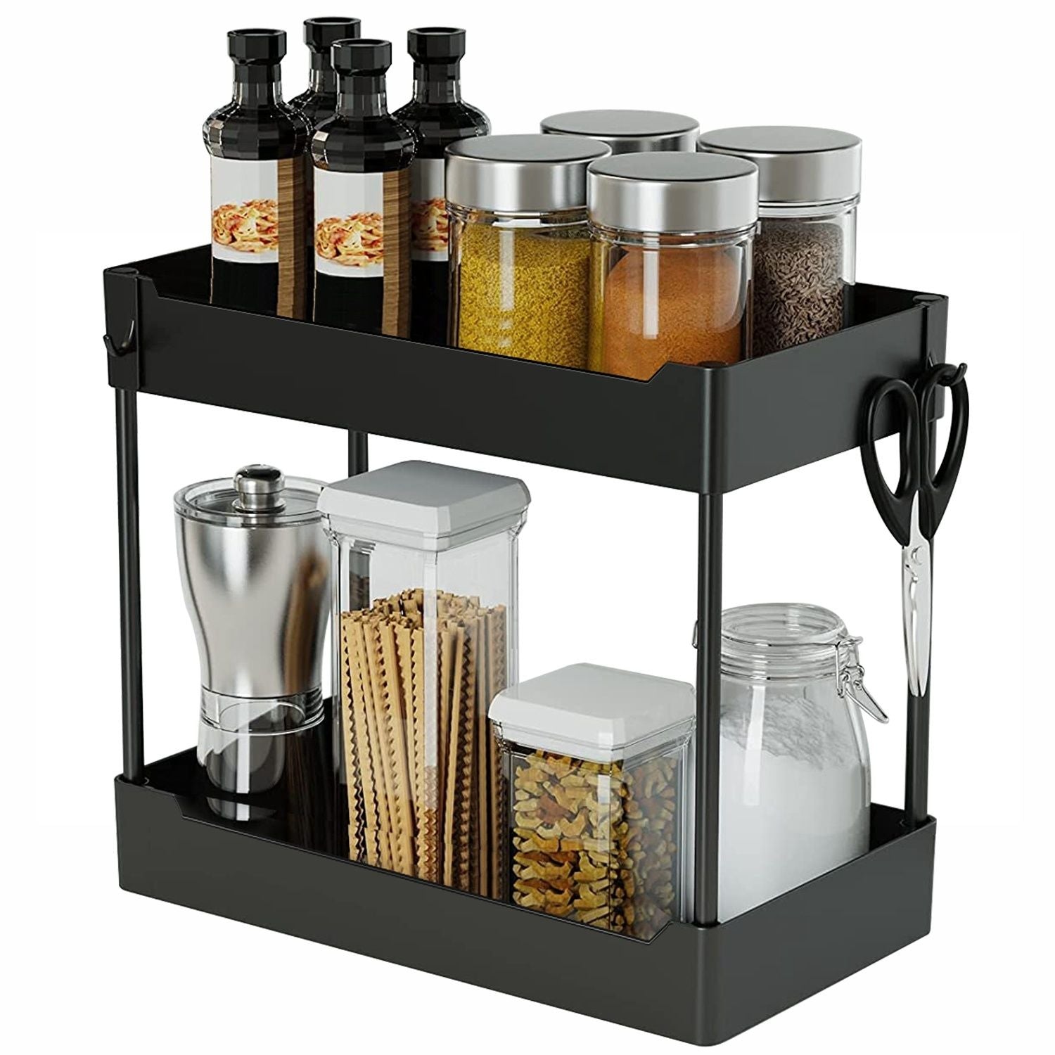 2-Tier Under Sink Shelf Organizer Space Saving Under Bathroom Sink Storage Rack w/ 4 Hooks - Renee Lane Company