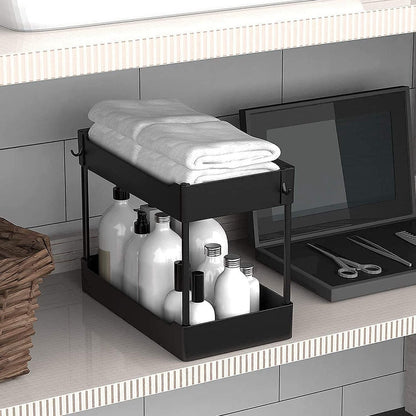 2-Tier Under Sink Shelf Organizer Space Saving Under Bathroom Sink Storage Rack w/ 4 Hooks - Renee Lane Company