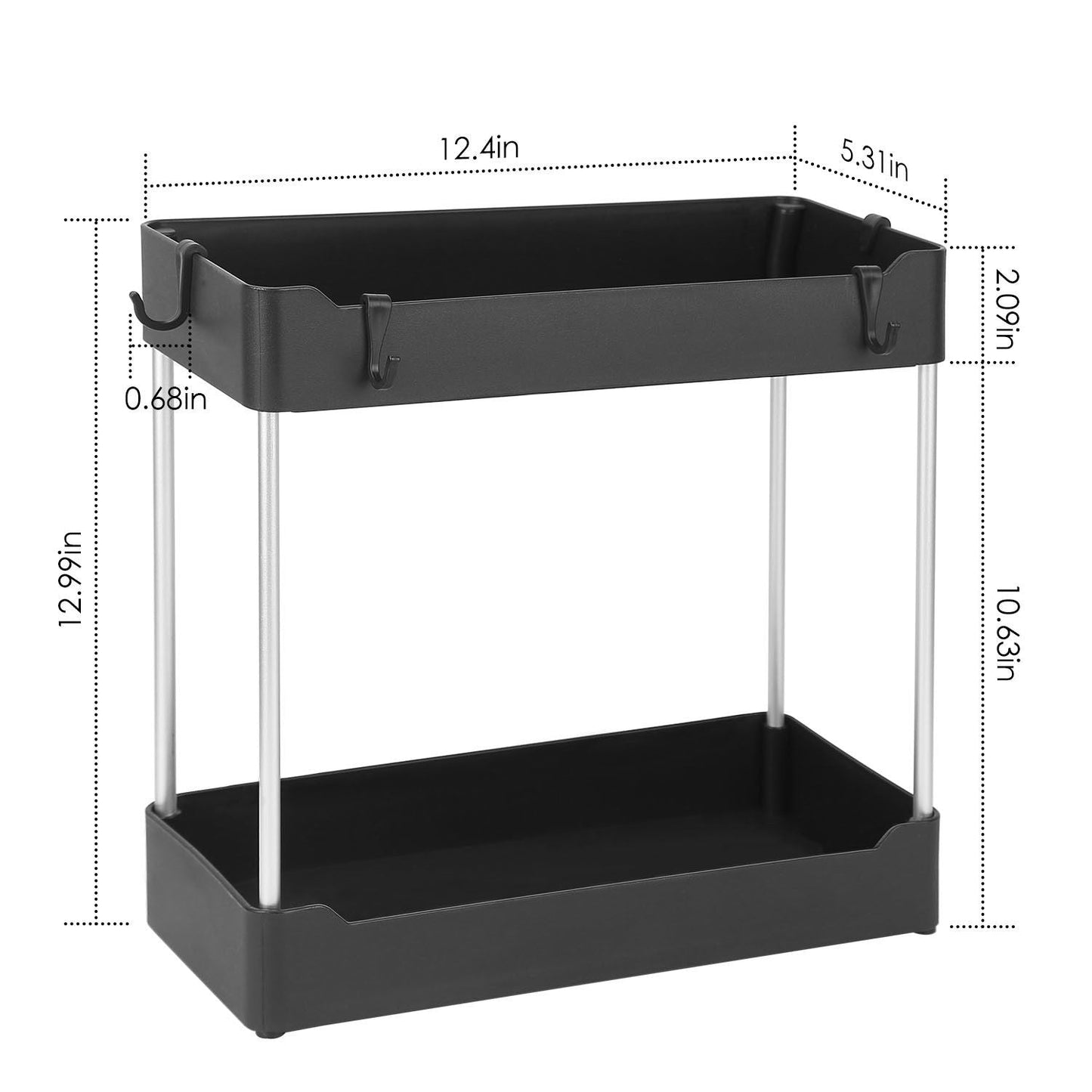 2-Tier Under Sink Shelf Organizer Space Saving Under Bathroom Sink Storage Rack w/ 4 Hooks - Renee Lane Company