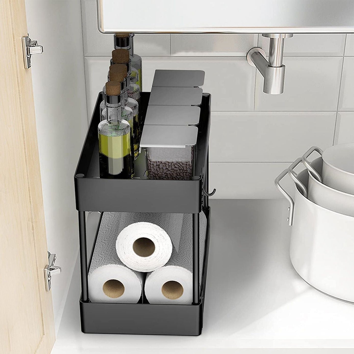 2-Tier Under Sink Shelf Organizer Space Saving Under Bathroom Sink Storage Rack w/ 4 Hooks - Renee Lane Company