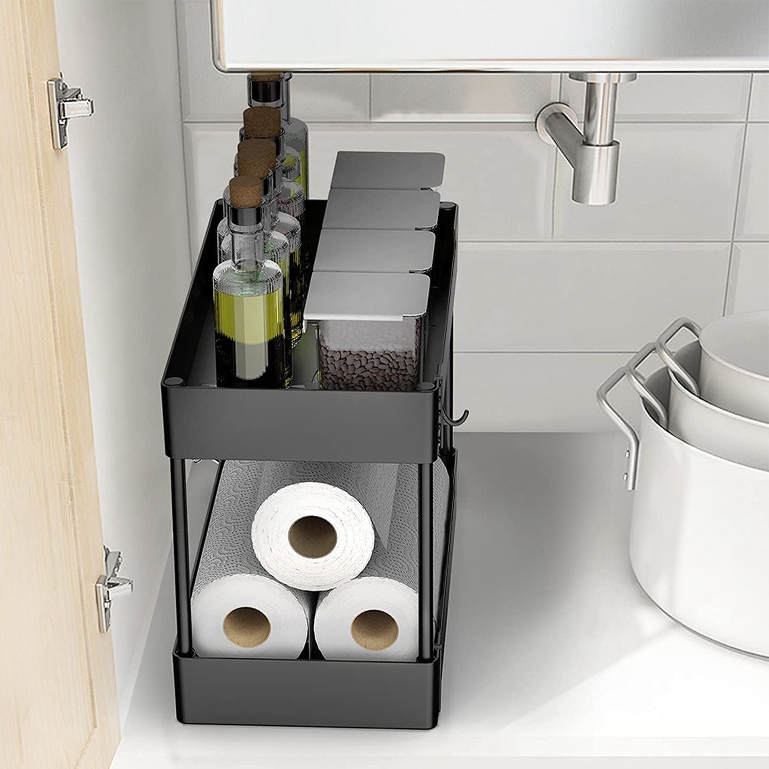 2-Tier Under Sink Shelf Organizer Space Saving Under Bathroom Sink Storage Rack w/ 4 Hooks - Renee Lane Company