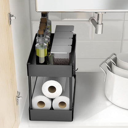 2-Tier Under Sink Shelf Organizer Space Saving Under Bathroom Sink Storage Rack w/ 4 Hooks - Renee Lane Company