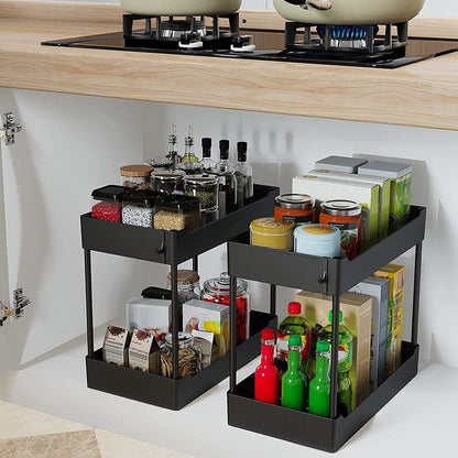 2-Tier Under Sink Shelf Organizer Space Saving Under Bathroom Sink Storage Rack w/ 4 Hooks - Renee Lane Company