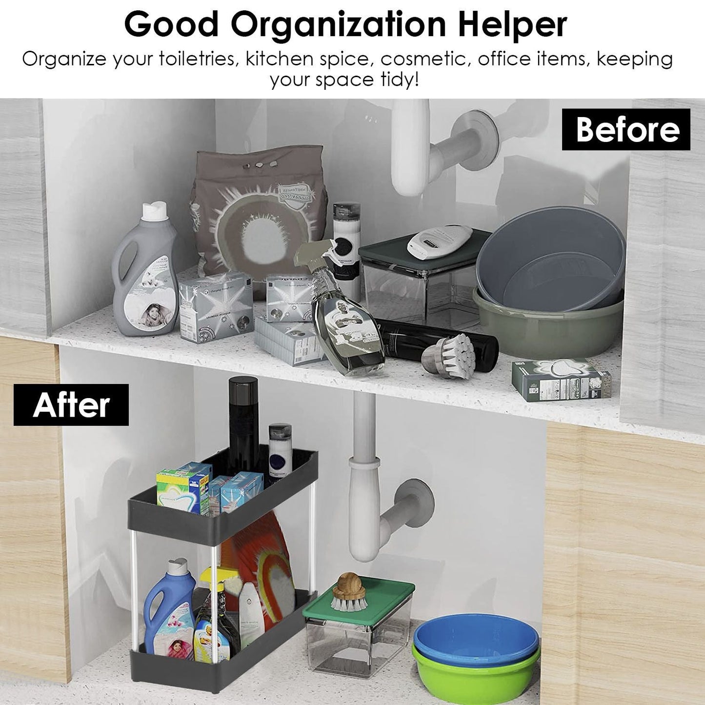 2-Tier Under Sink Shelf Organizer Space Saving Under Bathroom Sink Storage Rack w/ 4 Hooks - Renee Lane Company