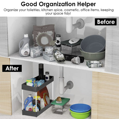 2-Tier Under Sink Shelf Organizer Space Saving Under Bathroom Sink Storage Rack w/ 4 Hooks - Renee Lane Company
