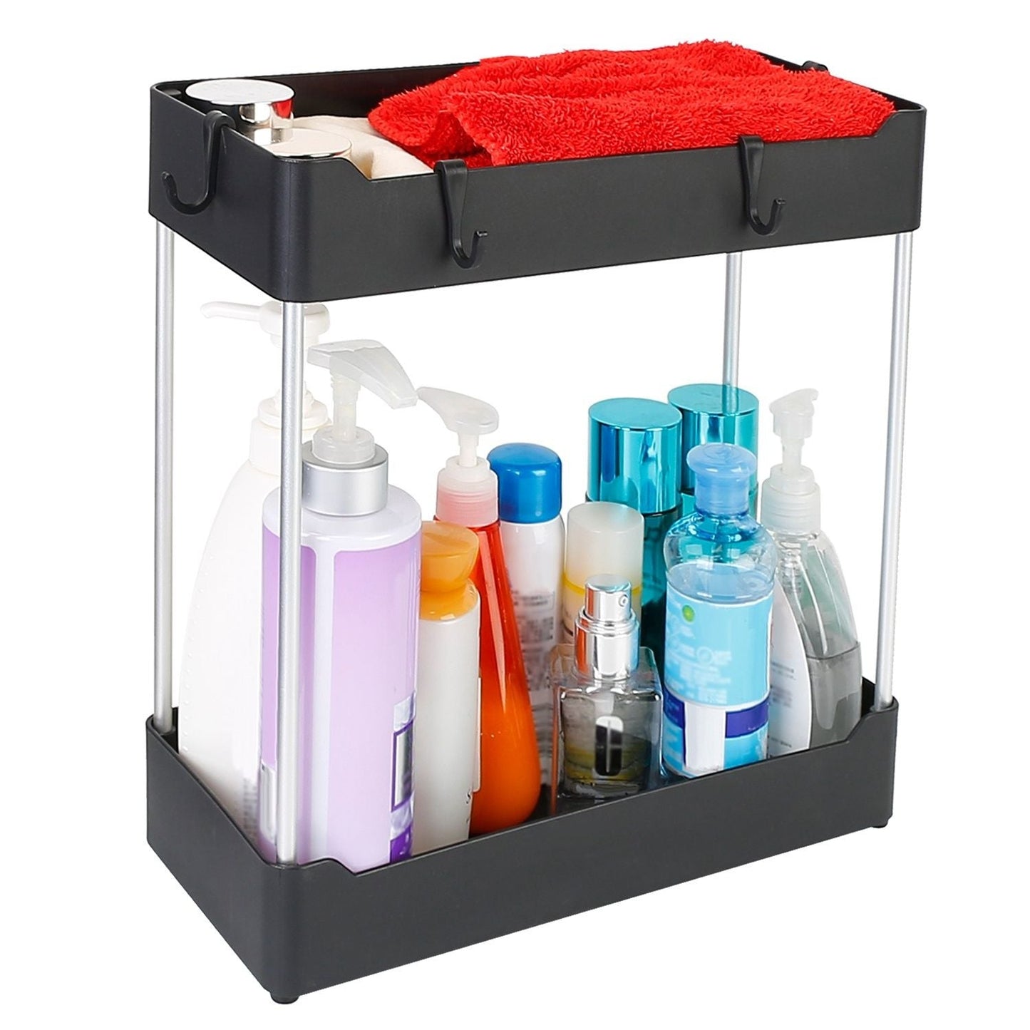 2-Tier Under Sink Shelf Organizer Space Saving Under Bathroom Sink Storage Rack w/ 4 Hooks - Renee Lane Company