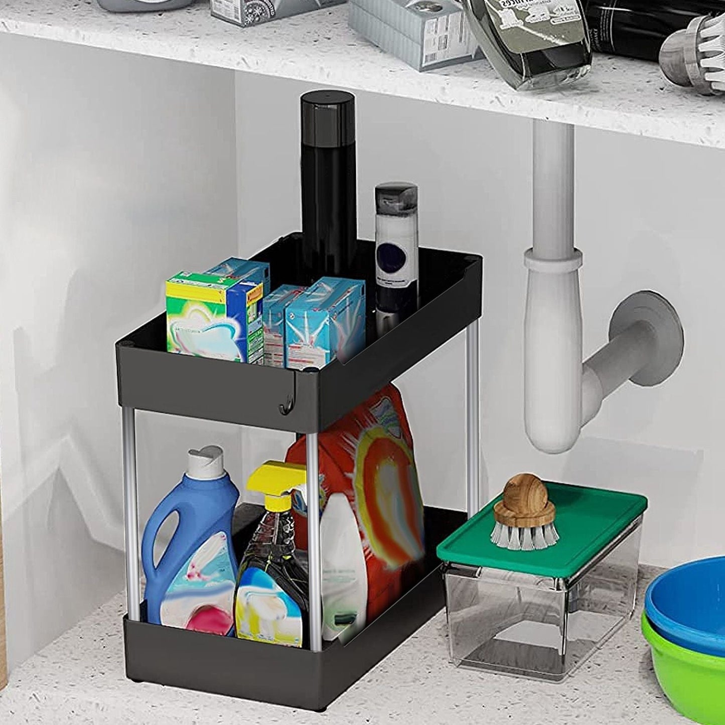 2-Tier Under Sink Shelf Organizer Space Saving Under Bathroom Sink Storage Rack w/ 4 Hooks - Renee Lane Company