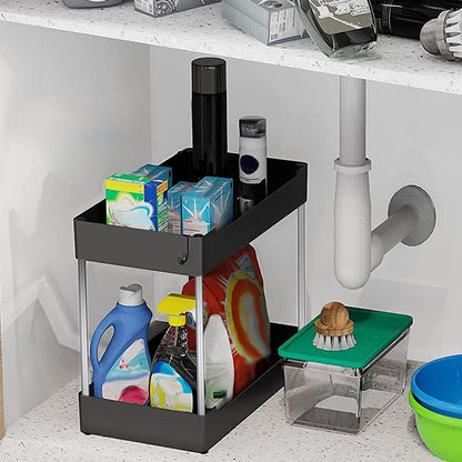 2-Tier Under Sink Shelf Organizer Space Saving Under Bathroom Sink Storage Rack w/ 4 Hooks - Renee Lane Company