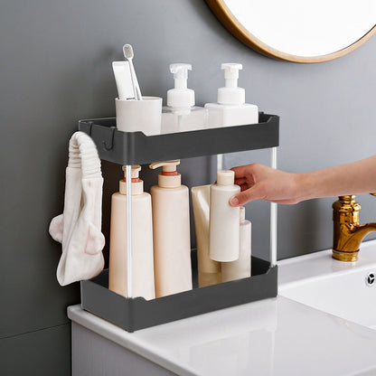2-Tier Under Sink Shelf Organizer Space Saving Under Bathroom Sink Storage Rack w/ 4 Hooks - Renee Lane Company