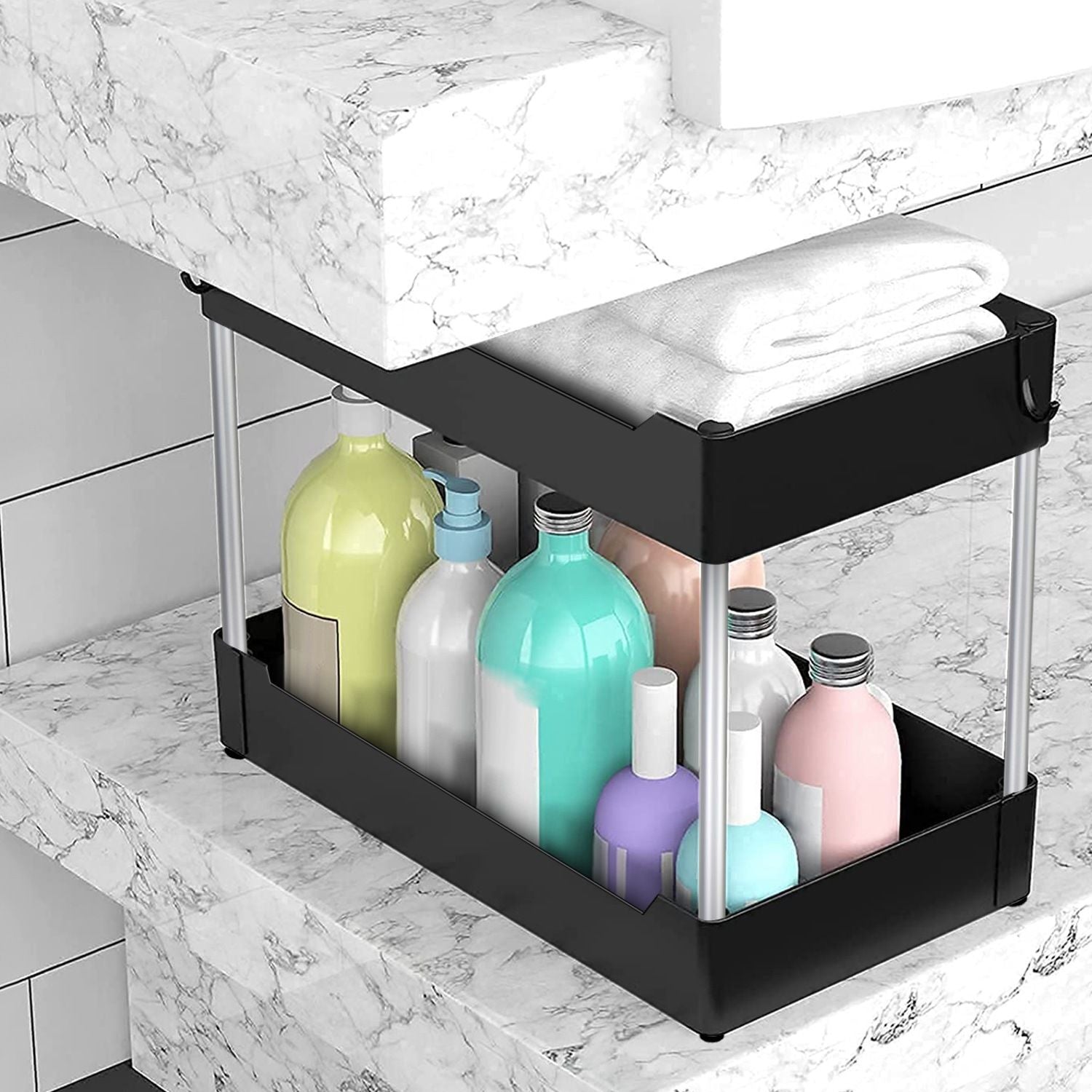 2-Tier Under Sink Shelf Organizer Space Saving Under Bathroom Sink Storage Rack w/ 4 Hooks - Renee Lane Company