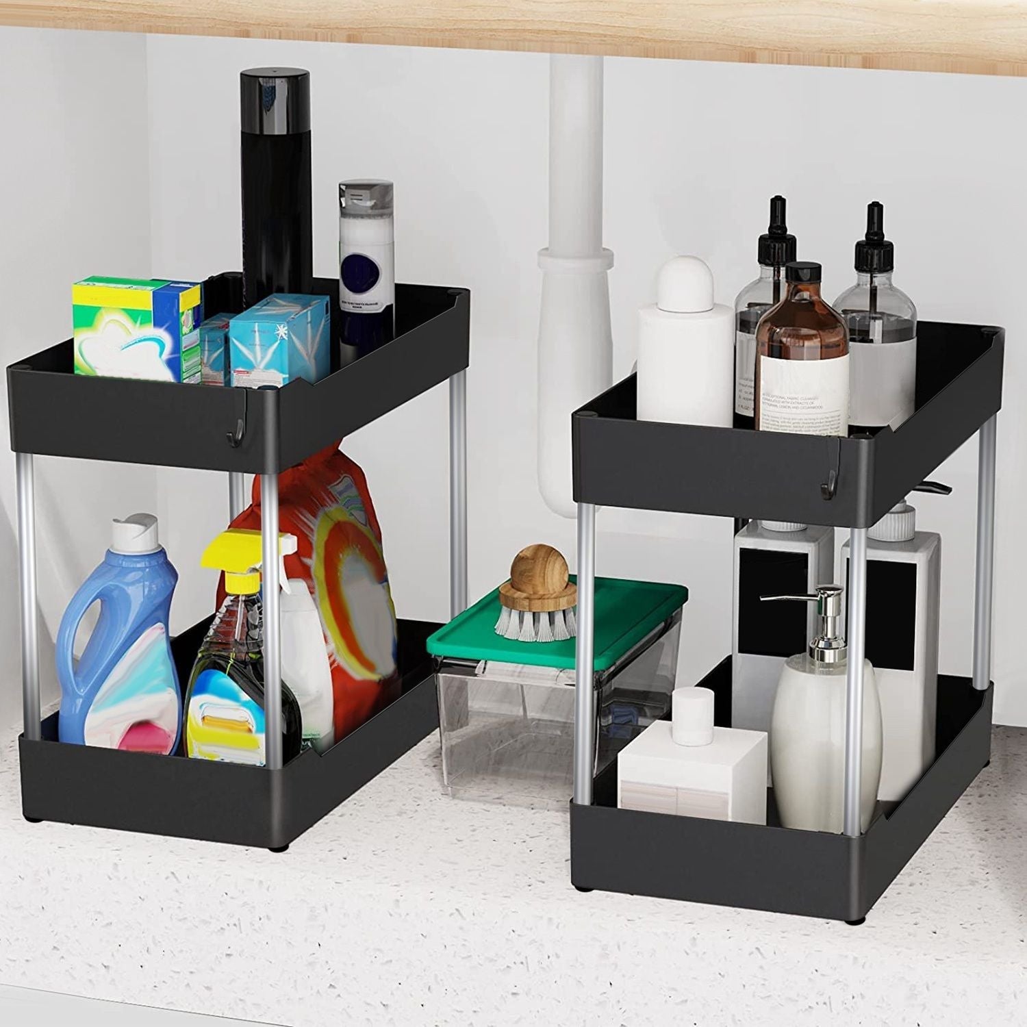 2-Tier Under Sink Shelf Organizer Space Saving Under Bathroom Sink Storage Rack w/ 4 Hooks - Renee Lane Company