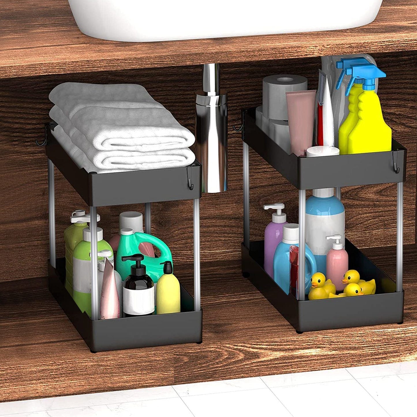 2-Tier Under Sink Shelf Organizer Space Saving Under Bathroom Sink Storage Rack w/ 4 Hooks - Renee Lane Company