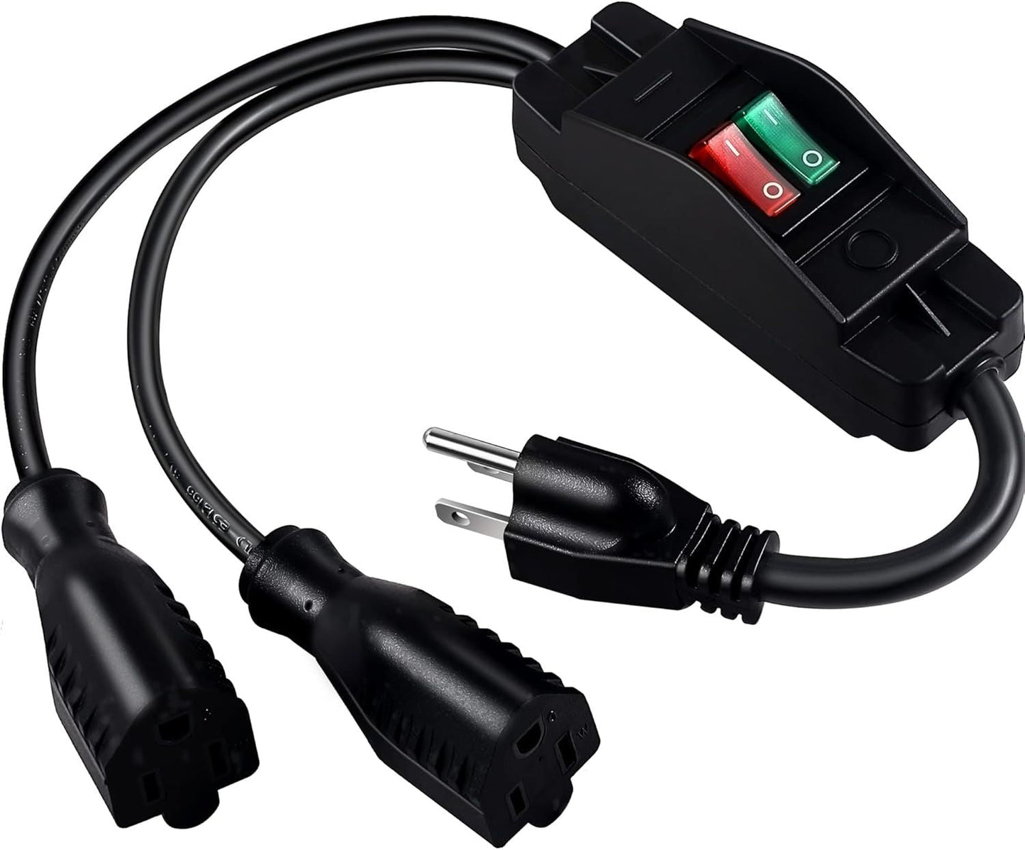 2 Way Extension Cord with On/Off Switch, 3 Prong Outdoor Extension Cord Splitter, Heavy Duty SJTW 14AWG 15A/125V and 18AWG 10A/125V Power Cord (1.6 Ft, Black) - Renee Lane Company