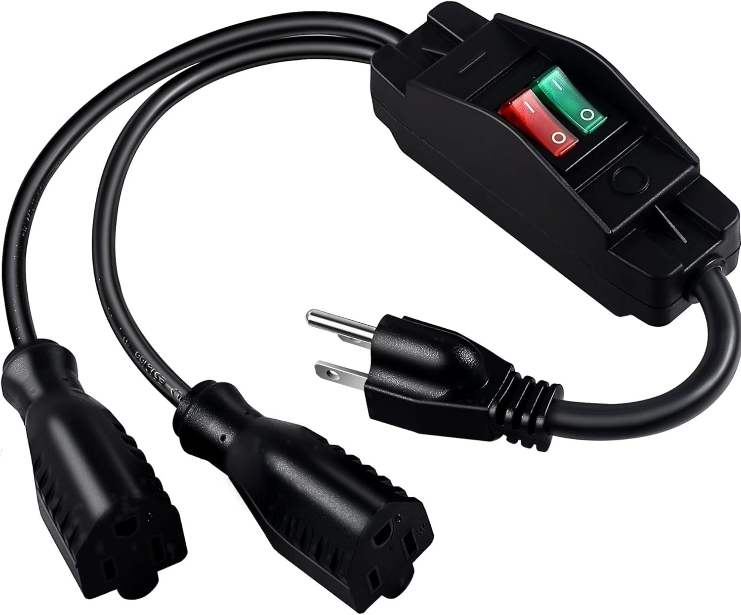 2 Way Extension Cord with On/Off Switch, 3 Prong Outdoor Extension Cord Splitter, Heavy Duty SJTW 14AWG 15A/125V and 18AWG 10A/125V Power Cord (1.6 Ft, Black) - Renee Lane Company