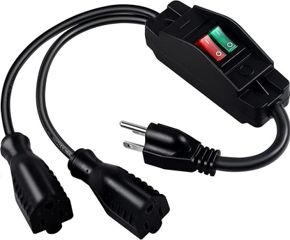 2 Way Extension Cord with On/Off Switch, 3 Prong Outdoor Extension Cord Splitter, Heavy Duty SJTW 14AWG 15A/125V and 18AWG 10A/125V Power Cord (1.6 Ft, Black) - Renee Lane Company