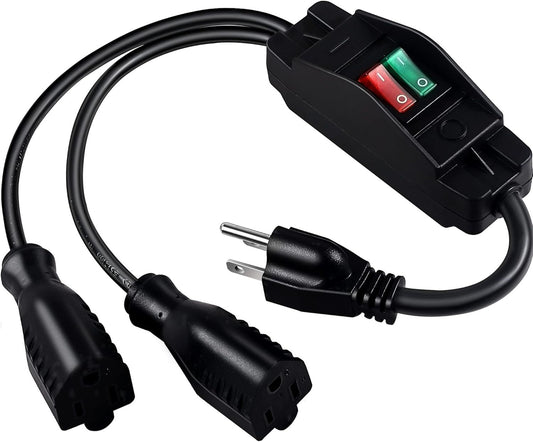 2 Way Extension Cord with On/Off Switch, 3 Prong Outdoor Extension Cord Splitter, Heavy Duty SJTW 14AWG 15A/125V and 18AWG 10A/125V Power Cord (1.6 Ft, Black) - Renee Lane Company