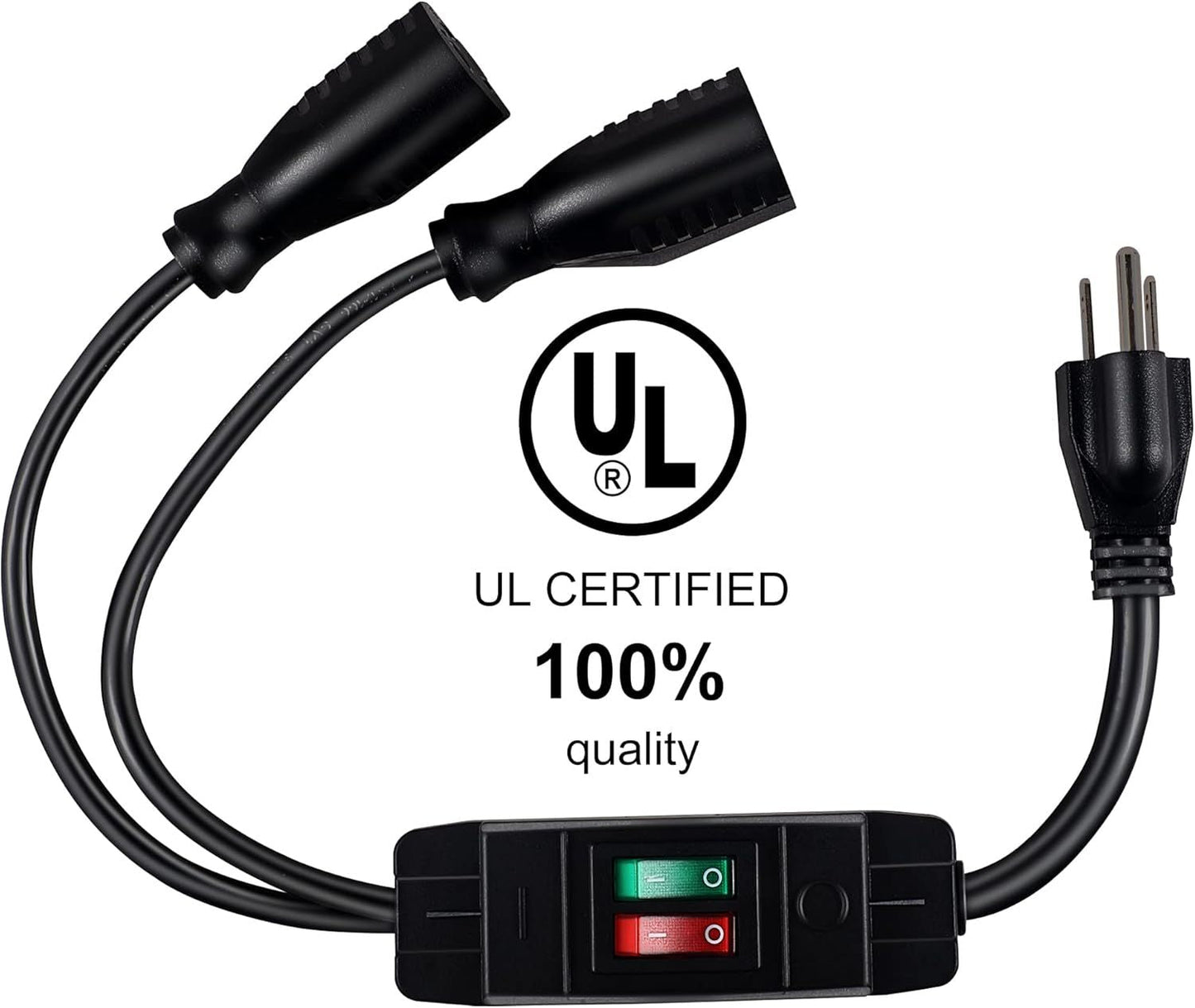 2 Way Extension Cord with On/Off Switch, 3 Prong Outdoor Extension Cord Splitter, Heavy Duty SJTW 14AWG 15A/125V and 18AWG 10A/125V Power Cord (1.6 Ft, Black) - Renee Lane Company