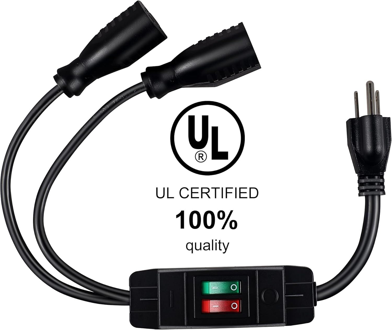 2 Way Extension Cord with On/Off Switch, 3 Prong Outdoor Extension Cord Splitter, Heavy Duty SJTW 14AWG 15A/125V and 18AWG 10A/125V Power Cord (1.6 Ft, Black) - Renee Lane Company