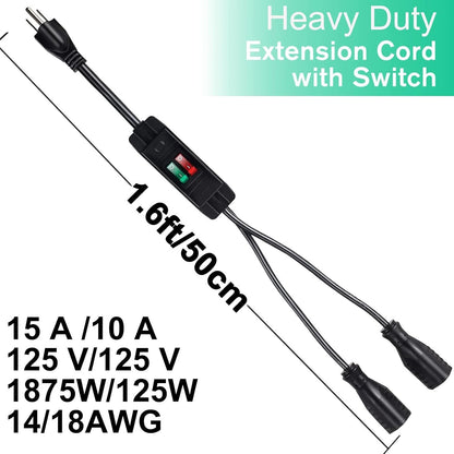 2 Way Extension Cord with On/Off Switch, 3 Prong Outdoor Extension Cord Splitter, Heavy Duty SJTW 14AWG 15A/125V and 18AWG 10A/125V Power Cord (1.6 Ft, Black) - Renee Lane Company