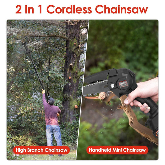 2-in-1 Cordless Pole Saw & Mini Chainsaw Electric Mini Chainsaw Length Adjustable Cordless Chain Saw with 2Pcs 1500mAh Batteries 4in/6in Chains for Tree Trimming - Renee Lane Company