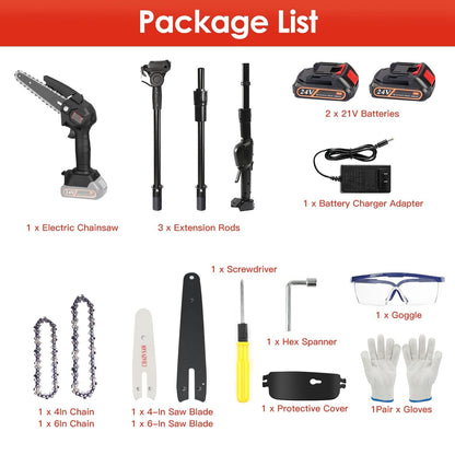 2-in-1 Cordless Pole Saw & Mini Chainsaw Electric Mini Chainsaw Length Adjustable Cordless Chain Saw with 2Pcs 1500mAh Batteries 4in/6in Chains for Tree Trimming - Renee Lane Company