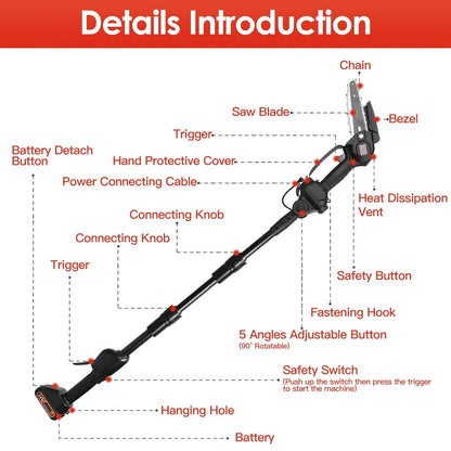 2-in-1 Cordless Pole Saw & Mini Chainsaw Electric Mini Chainsaw Length Adjustable Cordless Chain Saw with 2Pcs 1500mAh Batteries 4in/6in Chains for Tree Trimming - Renee Lane Company