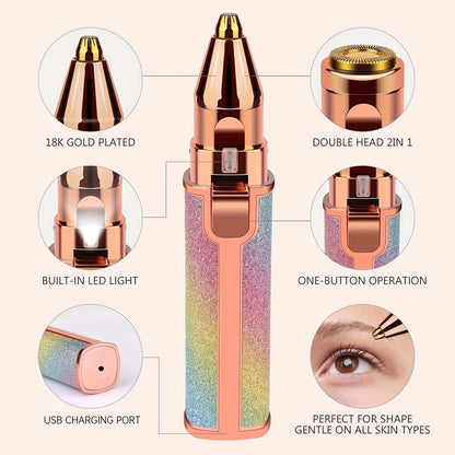 2-in-1 Eyebrow Razor for Women - Painless and Precision Facial Hair Removal with USB Rechargeable Trimmer and Built-in LED Light - Perfect for Nose, Lips, and Body - Renee Lane Company