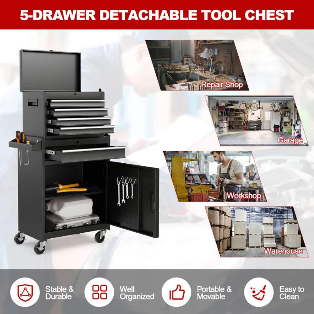 2-in-1 Rolling Tool Chest with 5 Sliding Lockable Drawers - Renee Lane Company