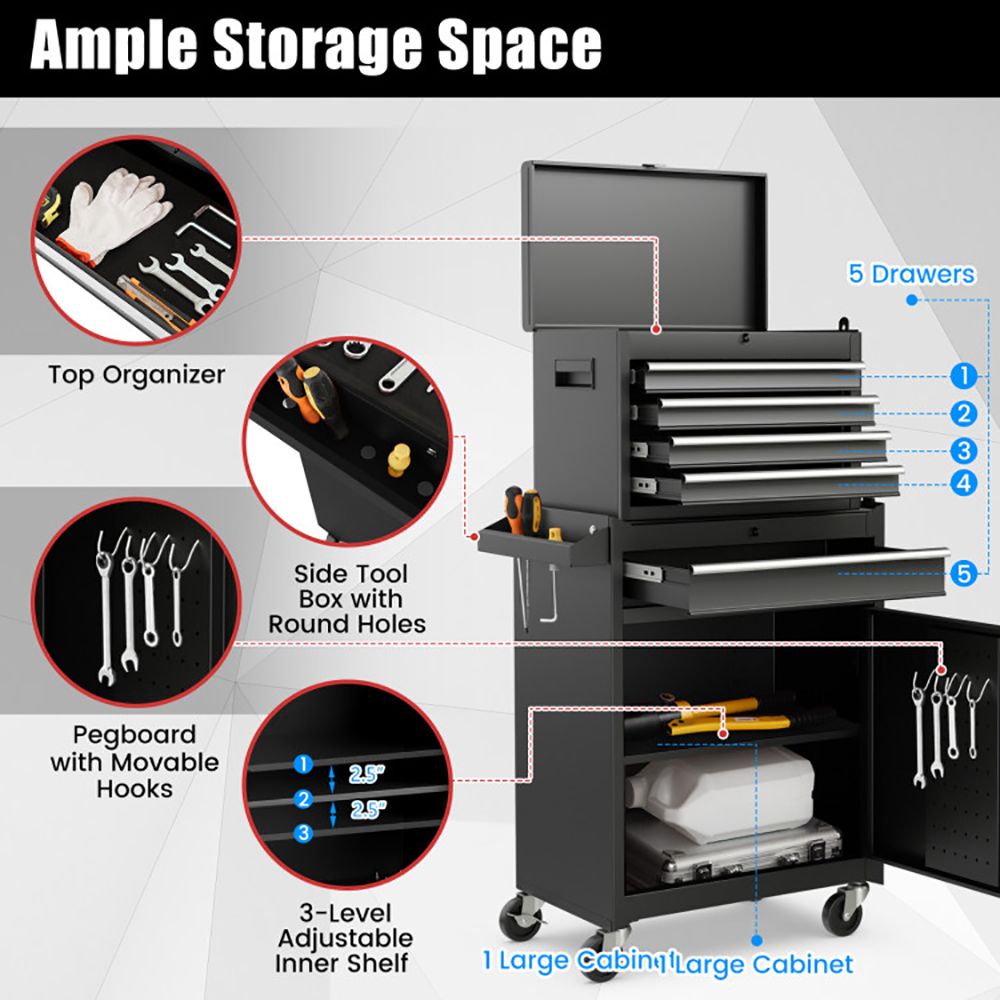 2-in-1 Rolling Tool Chest with 5 Sliding Lockable Drawers - Renee Lane Company