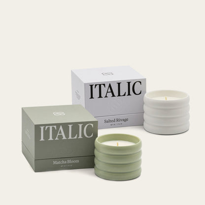 Soy wax ceramic candles in white and green cups with ITALIC scent boxes