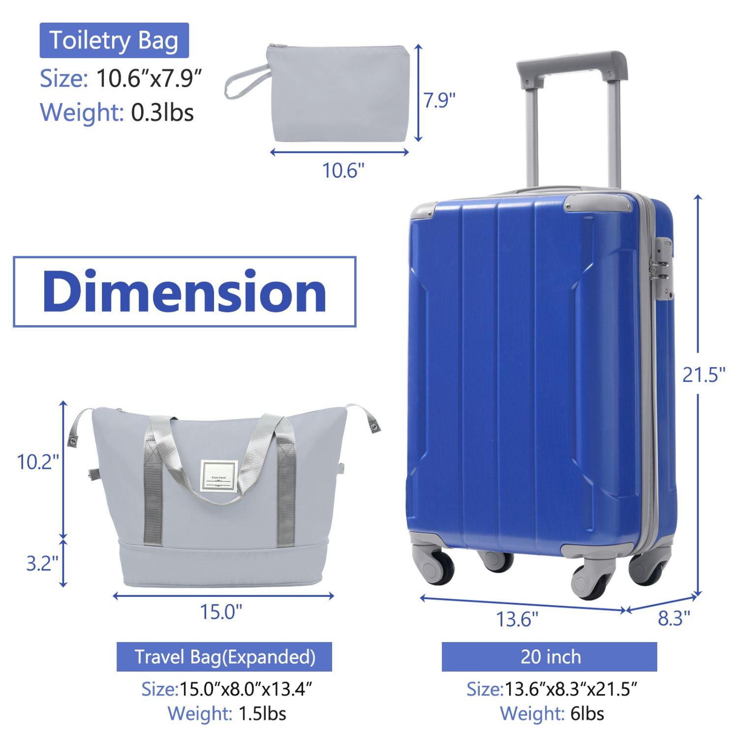20 Inch Carry On Luggage Set 3 Piece with Spinner Wheels, Lightweight Hardshell ABS Suitcase for Weedend Getaways, Business Travel - Renee Lane Company