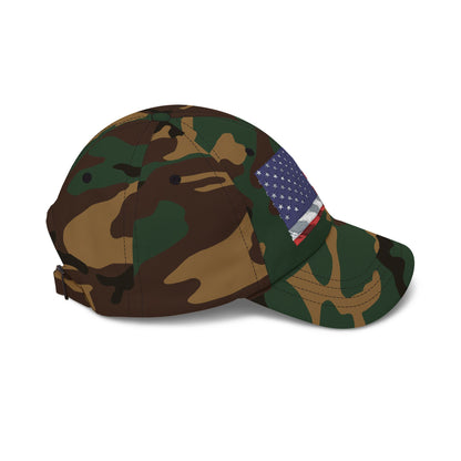 Camo baseball cap with embroidered American flag patch near brim