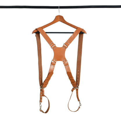 Tan brown double camera strap harness with buckles and metal rings