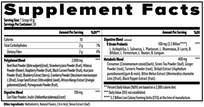 Supplement Facts label with nutrition and ingredient information.
