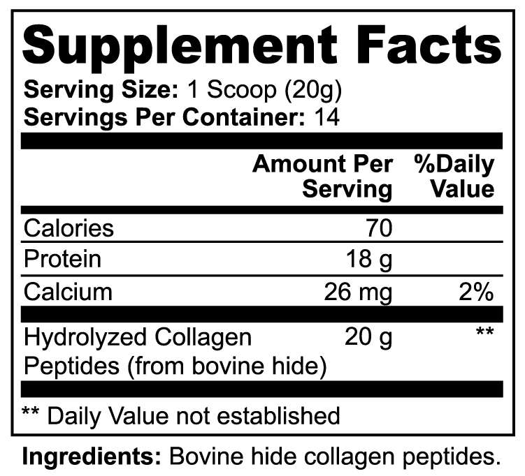 Supplement Facts panel: 1 scoop (20 g), calories 70, protein 18 g