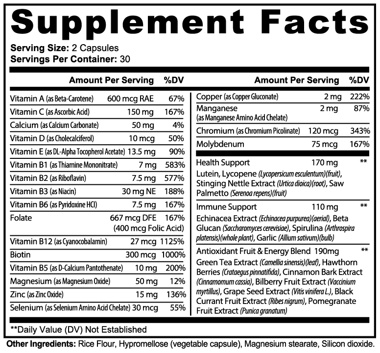 Supplement Facts label with serving size, nutrients, and %DV table