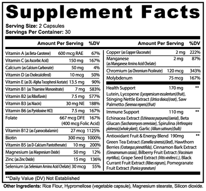 Supplement Facts label with serving size, nutrients, and %DV table