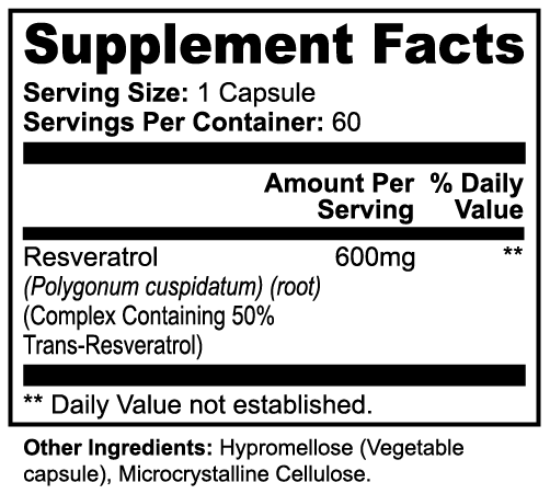 Supplement Facts: Resveratrol 600mg; serving size 1 capsule; 60 servings.
