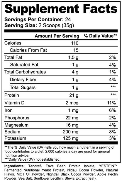 Supplement Facts nutrition label with servings, calories, and daily value information