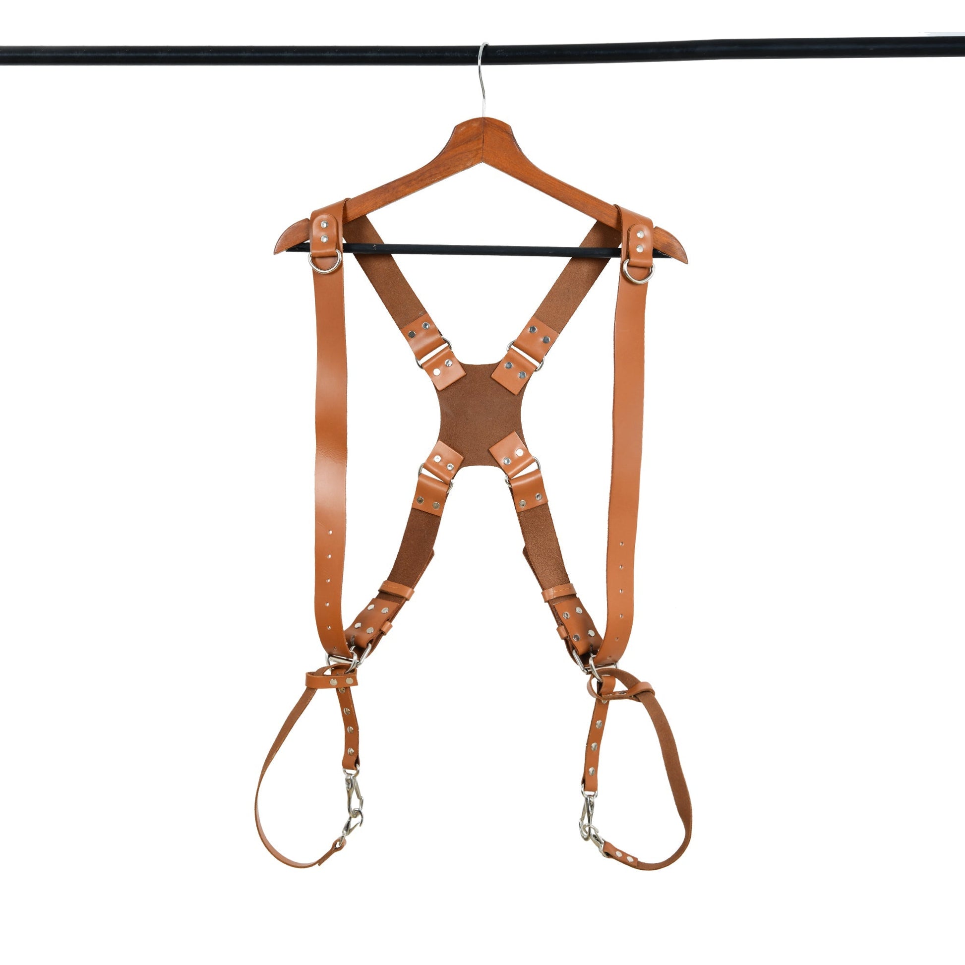 Tan brown double camera strap harness with adjustable shoulder straps